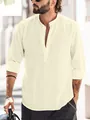 Men's cream cotton linen Henley shirt with mandarin collar and long sleeves - Yellow / S