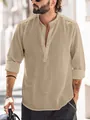 Men's solid color cotton linen Henley shirt with stand collar and long sleeves - Khaki / S