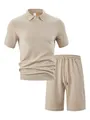Men's beige jacquard polo and shorts casual two-piece set featuring herringbone texture - S / Top And Bottom / Khaki
