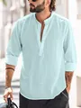 Premium men's light blue cotton linen henley shirt featuring a mandarin collar - S / Tops / Light Blue