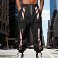 Eleganti pantaloni cargo neri da uomo con strisce rosse e dei polsini elasticizzati - S / Bottoms / Nero
