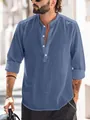 Men's blue cotton linen Henley shirt with stand collar and textured fabric finish - Navy Blue / S