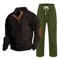 Men's corduroy set featuring a brown half-button pullover and olive green cargo pants - S / Top And Bottom / Brown with Army Green