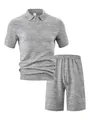 Grey men's casual two-piece set with jacquard polo shirt and matching shorts - S / Top And Bottom / Gray