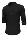 Camicia Henley da uomo a maniche lunghe nera casual con abbottonatura parziale e collo coreano - XS / Tops / Nero