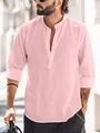 Stylish pink men's Henley shirt with a mandarin collar in breathable slub cotton linen - Pink / S