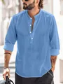 Stylish casual men's light blue cotton linen Henley shirt with stand collar and sleeves - Dodge Blue / XS