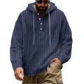 Detailed view of navy blue striped linen hoodie with buttons and drawstrings - S / Top (LT-16) / Navy Blue