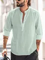 Men's mint green mandarin collar Henley shirt with textured linen cotton blend - Light Green / XS