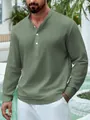 Camicia Henley da uomo verde militare a maniche lunghe in misto cotone e lino slub - XS / Tops / Verde Militare