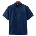 Giacca da cuoco professionale blu navy a maniche corte con bottoni a doppio petto e tasca - S / Tops / Blu navy