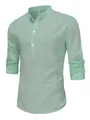Men's casual mint green long sleeve cotton linen Henley shirt with stand collar M - XS / Tops / Green