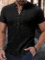 Camicia Henley da uomo nera a maniche corte casual con bottoni e texture lino - XS / Tops / Nero
