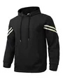 Heavy black jacquard knit hoodie for men featuring cream sleeve stripes and drawstring - S / Tops / Black