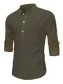 Men's olive green long-sleeve linen-textured Henley shirt with roll-up sleeve tabs. - XS / Tops / Army Green