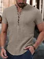Casual khaki men's short sleeve Henley shirt featuring a multi-button front design - XS / Tops / Camel
