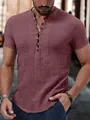 Casual men's short sleeve Henley shirt in burgundy with stylish multi-button design and linen feel - XS / Tops / Dark Red