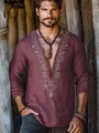 Camicia casual in lino bordeaux da uomo con eleganti ricami e scollo a V - S / Tops / Rosso