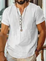 Men's breathable white linen short sleeve shirt with V-neck and button details for summer - XS / Tops / White