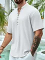 Camicia Henley da uomo a maniche corte in cotone e lino per l'estate stile casual chic - XS / Tops / Bianco