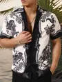 Camicia estiva da uomo a maniche corte con stampa cavallo a inchiostro e colletto a rever - XS / Tops / Blu navy