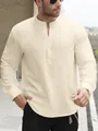 Camicia Henley casual da uomo in cotone e lino beige a maniche lunghe con collo alla coreana - Giallo Limone / XS