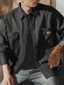 Camisa de algodón gris oscuro de estilo militar vintage para hombre, ropa de trabajo - XS / Tops / Negro