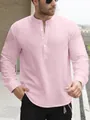 Camicia Henley da uomo a maniche lunghe rosa chiaro traspirante con elegante collo alla coreana. - Rosa / XS