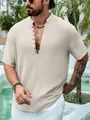 Camicia Henley beige da uomo in cotone e lino a maniche corte con scollo a V e bottoni - XS / Tops / Cachi