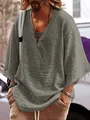 Tunique ample grise pour homme avec col en V à lacets et manches mi-longues pour l'été - Vert Militaire / XS