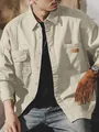 Men's vintage khaki cotton workwear shirt featuring double chest pockets and long sleeves - XS / Tops / Apricot