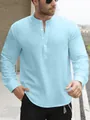 Camicia Henley da uomo di alta qualità in lino azzurro con collo alla coreana - Azzurro / XS