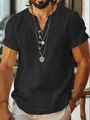Men's casual black henley shirt with V-neck and button details in a breathable linen-like fabric - XS / Tops / Black