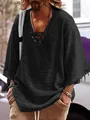 Camicia da uomo nera ampia a maniche medie con profondo scollo a V e lacci regolabili - Nero / XS