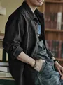 Camicia da lavoro vintage da uomo grigio antracite, vestibilità ampia a maniche lunghe quotidiana. - XS / Tops / Nero