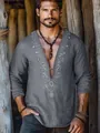 Stylish men's grey casual long-sleeve shirt with V-neck and delicate embroidered pattern - XS / Tops / Gray