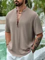 Camicia Henley in cotone e lino tortora a maniche corte con profondo scollo a V - XS / Tops / Cammello