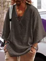 Camicia casual da uomo marrone scuro con scollo a V stringato e comode maniche a tre quarti - Marrone Scuro / XS