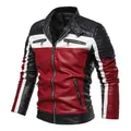 Stylish men's black white and red color block fleece-lined motorcycle leather jacket - L / Tops / Black Red (9908)