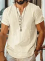 Men's breathable off-white short sleeve linen shirt with v-neck and buttons. - Lemon Yellow / XS