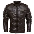 Blouson en cuir PU marron foncé pour homme avec doublure polaire et détails de motard. - 3XL / Tops / café