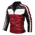 Men's red white and black color-block fleece-lined faux leather biker jacket outerwear - L / Tops / Black Red (9909)