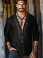 Camicia casual da uomo a maniche lunghe in lino nero traspirante con ricamo scollo a V - S / Tops / Nero