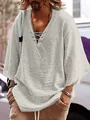 Chemise homme décontractée blanc cassé à manches mi-longues et col en V à lacets - Kaki / XS