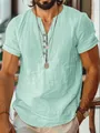 Men's breathable lightweight short-sleeve shirt in mint green with V-neck buttons - Light Green / XS