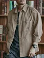 Men's retro loose casual khaki long-sleeve work shirt with functional chest pockets - XS / Tops / Khaki