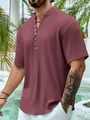 Chemise Henley à manches courtes pour hommes en coton-lin bordeaux avec col en V profond - XS / Hauts / Rouge Foncé