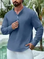 Camicia Henley casual da uomo in cotone e lino blu con maniche lunghe e collo alla coreana - Blu navy / XS