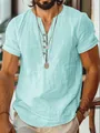 Light blue men's summer short sleeve shirt with breathable fabric and V-neck design - Light Blue / XS