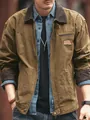 Giacca da lavoro vintage americana pesante da uomo con colletto in velluto e toppa in pelle. - XS / Tops / Marrone